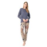 Anıl 9836 Uzun Kol Bisiklet Yaka Viskon Çiçek Desenli Kışlık Örme Normal Bel Dantel Detaylı Pijama Takımı Kahve L
