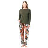 Anıl 9845 Uzun Kol V Yaka Viskon Çiçek Desenli Kışlık Örme Normal Bel İp Detaylı Pijama Takımı Tarçın S