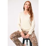Anıl 9850 Uzun Kol V Yaka Modal Çiçek Desenli Kışlık Örme Normal Bel Dantel Detaylı Pijama Takımı Kahve S