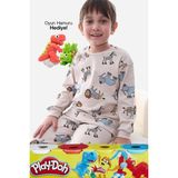 Animal Desenli Interlok %100 Pamuk Çocuk Pijama Takımı (4'lü Oyun Hamuru Hediye) - Bej - 3 - 4 Yaş