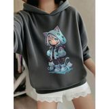 Anime Kedi Kız ve Kedi Baskılı Rahat Kesim Çocuk Sweatshirt - Füme - 9 - 10 Yaş