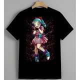Anime Kiz Pembe Elbise Mavi Baskılı Unisex Erkek Kadın Oversize Tişört Siyah - Beyaz