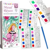 Animokids Renk Paletli Sulu Boya Kitabı + Fırça, 12 Sayfa Boyama Kitabı, Aktivite Boyama Seti, Çocuklar için Yeni Nesil Sulu Boya Defteri (Masal Rüyası)