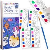 Animokids Renk Paletli Sulu Boya Kitabı + Fırça, 12 Sayfa Boyama Kitabı, Aktivite Boyama Seti, Çocuklar için Yeni Nesil Sulu Boya Defteri (Renkli Dünya)