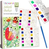 Animokids Renk Paletli Sulu Boya Kitabı + Fırça, 12 Sayfa Boyama Kitabı, Aktivite Boyama Seti, Çocuklar için Yeni Nesil Sulu Boya Defteri (Sihirli Bahçe)