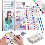 Animokids Sulu Boya Defteri Seti (2 Kitap + 2 Fırça) - Kendin Yap Kitap Ayracı, Her Sayfada Entegre Boya Paleti - Çocuklar ve Yetişkinler İçin Hediye Aktivite Seti (Deniz Kızı-Unicorn)