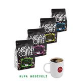 Anisah Coffee Kupa Hediyeli Çekirdek Filtre Kahve Seti | 4x250gr | Guatemala, Ethiopia, Colombia, Brasil