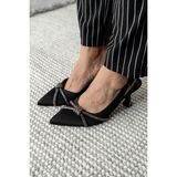 Anka Taş Desenli Arkası Açık Siyah Saten Stiletto / Taş Desenli Topuklu Ayakkabı - 0 - Siyah