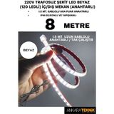 Ankara Teknik 220V Trafosuz Şerit LED Beyaz Renk (120 Ledli). Anahtarlı Arapuar Kablolu/ Tak Çalıştır/ 8 Metre