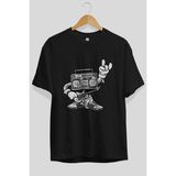 ankhises Boombox Rockstar Ön Baskılı Siyah Oversize T-Shirt Erkek Kadın Bisiklet Yaka - XL