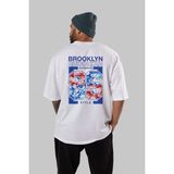 ankhises Brooklyn 86 Style Arka Baskılı Beyaz Oversize T-Shirt Erkek Kadın Bisiklet Yaka