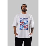 ankhises Brooklyn 86 Style Ön Baskılı Beyaz Oversize T-Shirt Erkek Kadın Bisiklet Yaka - XL