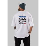 ankhises Brooklyn City Yazılı 2 Arka Baskılı Beyaz Oversize T-Shirt Erkek Kadın Bisiklet Yaka