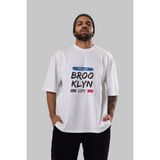 ankhises Brooklyn City Yazılı 2 Ön Baskılı Beyaz Oversize T-Shirt Erkek Kadın Bisiklet Yaka