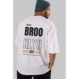ankhises Brooklyn City Yazılı Arka Baskılı Beyaz Oversize T-Shirt Erkek Kadın Bisiklet Yaka - XL