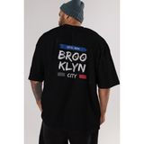 ankhises Brooklyn City Yazılı Arka Baskılı Siyah Oversize T-Shirt Erkek Kadın Bisiklet Yaka - M