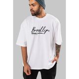 ankhises Brooklyn Denim Ön Baskılı Beyaz Oversize T-Shirt Erkek Kadın Bisiklet Yaka
