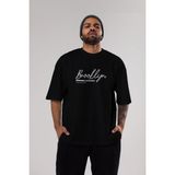 ankhises Brooklyn Denim Yazılı Ön Baskılı Siyah Oversize T-Shirt Erkek Kadın Bisiklet Yaka