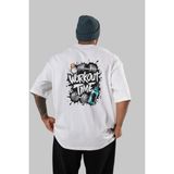 Ankhises Gym , Spor , Fitness Serisi 35 Arka Baskılı Oversize T-Shirt Erkek Kadın Pamuk Bisiklet Yaka Tişort - Beyaz