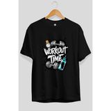 Ankhises Gym , Spor , Fitness Serisi 35 Ön Baskılı Oversize T-Shirt Erkek Kadın Pamuk Bisiklet Yaka Tişort - Siyah - XL