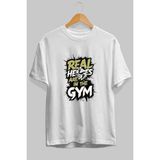 Ankhises Gym , Spor , Fitness Serisi 6 Ön Baskılı Oversize T-Shirt Erkek Kadın Pamuk Bisiklet Yaka Tişort - Beyaz