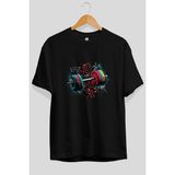 Ankhises Gym , Spor , Fitness Serisi 83 Ön Baskılı Oversize T-Shirt Erkek Kadın Pamuk Bisiklet Yaka Tişort - Siyah