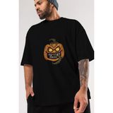 ankhises Halloween Ön Baskılı Siyah Oversize T-Shirt Erkek Kadın Bisiklet Yaka - XL