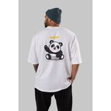 ankhises Hello Panda Arka Baskılı Beyaz Oversize T-Shirt Erkek Kadın Bisiklet Yaka