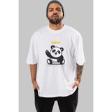 ankhises Hello Panda Ön Baskılı Beyaz Oversize T-Shirt Erkek Kadın Bisiklet Yaka