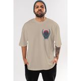 Ankhises Inosuke Demon Slayer Ön Sol Baskılı Oversize T-Shirt Erkek Kadın Unisex Pamuk Bisiklet Yaka Tişort - Bej - XL