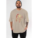 Ankhises It (2) Ön Baskılı Bej Oversize T-Shirt Bisiklet Yaka Pamuk Erkek Kadın