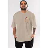 Ankhises It (2) Ön Sol Baskılı Oversize T-Shirt Erkek Kadın Unisex Pamuk Bisiklet Yaka Tişort - Bej