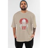 Ankhises It Ön Baskılı Bej Oversize T-Shirt Bisiklet Yaka Pamuk Erkek Kadın