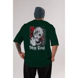 Ankhises Kaneki Ken Tokyo Ghoul Anime Arka Baskılı Zümrüt Yeşili Oversize T-Shirt Pamuk Erkek Kadın - XL