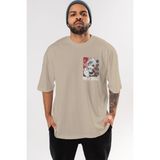 Ankhises Kaneki Ken Tokyo Ghoul Ön Sol Baskılı Oversize T-Shirt Erkek Kadın Unisex Pamuk Bisiklet Yaka Tişort - Bej