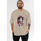 Ankhises Kokushibo Demon Slayer Anime Ön Baskılı Bej Oversize T-Shirt Erkek Kadın