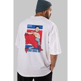 ankhises Nacho Libre Jong Un Arka Baskılı Beyaz Oversize T-Shirt Erkek Kadın Bisiklet Yaka - M