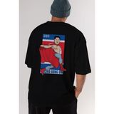 ankhises Nacho Libre Jong Un Arka Baskılı Siyah Oversize T-Shirt Erkek Kadın Bisiklet Yaka - XL