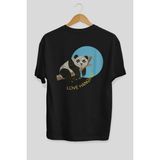 ankhises Panda Love Hanging Arka Baskılı Siyah Oversize T-Shirt Erkek Kadın Bisiklet Yaka