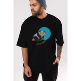 ankhises Panda Love Hanging Ön Baskılı Siyah Oversize T-Shirt Erkek Kadın Bisiklet Yaka - M