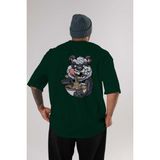 Ankhises Panda Ramen Arka Baskılı Zümrüt Yeşili Oversize T-Shirt Erkek Kadın Bisiklet Yaka