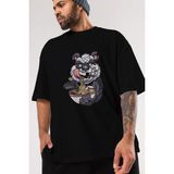 ankhises Panda Ramen Ön Baskılı Siyah Oversize T-Shirt Erkek Kadın Bisiklet Yaka