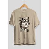 Ankhises Realistic Ön Baskılı Bej Oversize T-Shirt Erkek Kadın Pamuk Bisiklet Yaka Tişort - XL