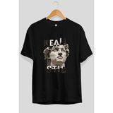 Ankhises Realistic Ön Baskılı Siyah Oversize T-Shirt Erkek Kadın Pamuk Bisiklet Yaka Tişort - XL