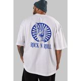 ankhises Rock N Roll Yazılı Arka Baskılı Beyaz Oversize T-Shirt Erkek Kadın Bisiklet Yaka - M