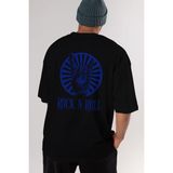 ankhises Rock N Roll Yazılı Arka Baskılı Siyah Oversize T-Shirt Erkek Kadın Bisiklet Yaka - XL