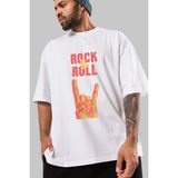 Ankhises Rock & Roll Yazılı Ön Baskılı Beyaz Oversize T-Shirt Erkek Kadın Bisiklet Yaka - XL