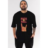 Ankhises Rock & Roll Yazılı Ön Baskılı Siyah Oversize T-Shirt Erkek Kadın Bisiklet Yaka - XL