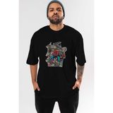 ankhises Spiderman Ön Baskılı Siyah Oversize T-Shirt Erkek Kadın Bisiklet Yaka - XL