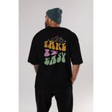 ankhises Take It Easy Yazılı Arka Baskılı Siyah Oversize T-Shirt Erkek Kadın Bisiklet Yaka